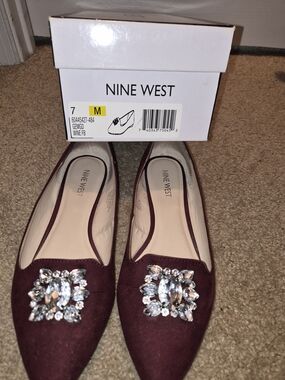 Nine West Wine Burgundy Suede Pointed Flats with Crystal Embellishment